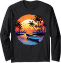 Fishing Boat Sailing Vintage Sunset Summer Pine Trees