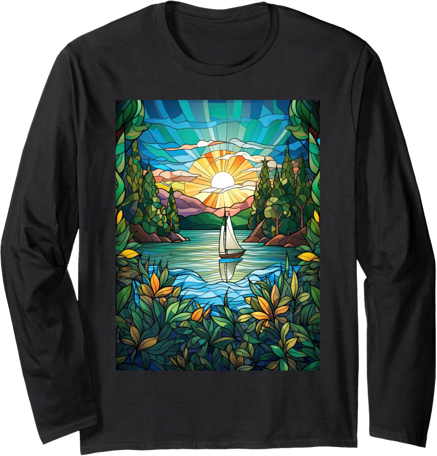 Sailboat Cruising Nature Landscape Stained Glass Long Sleeve
