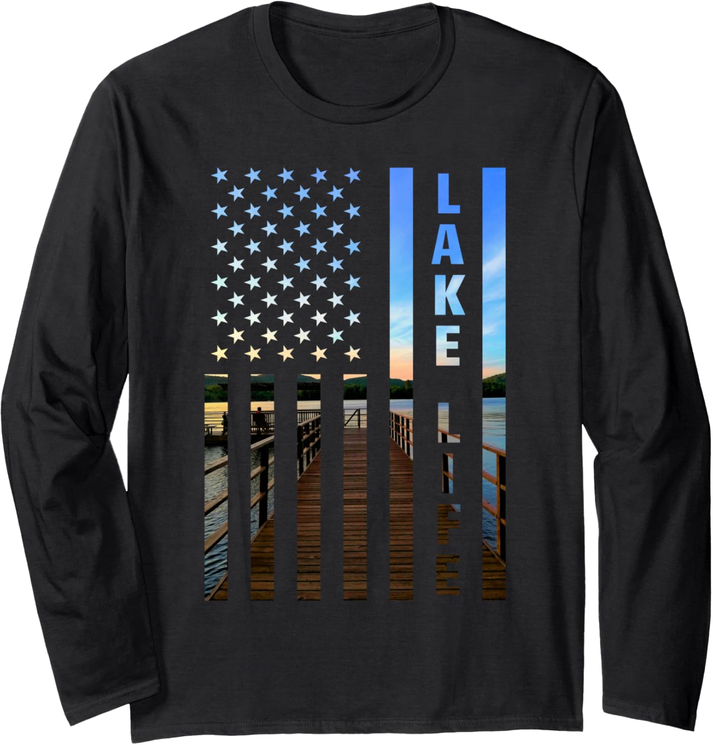Lake Life American Flag Dock Sunset Power Boat