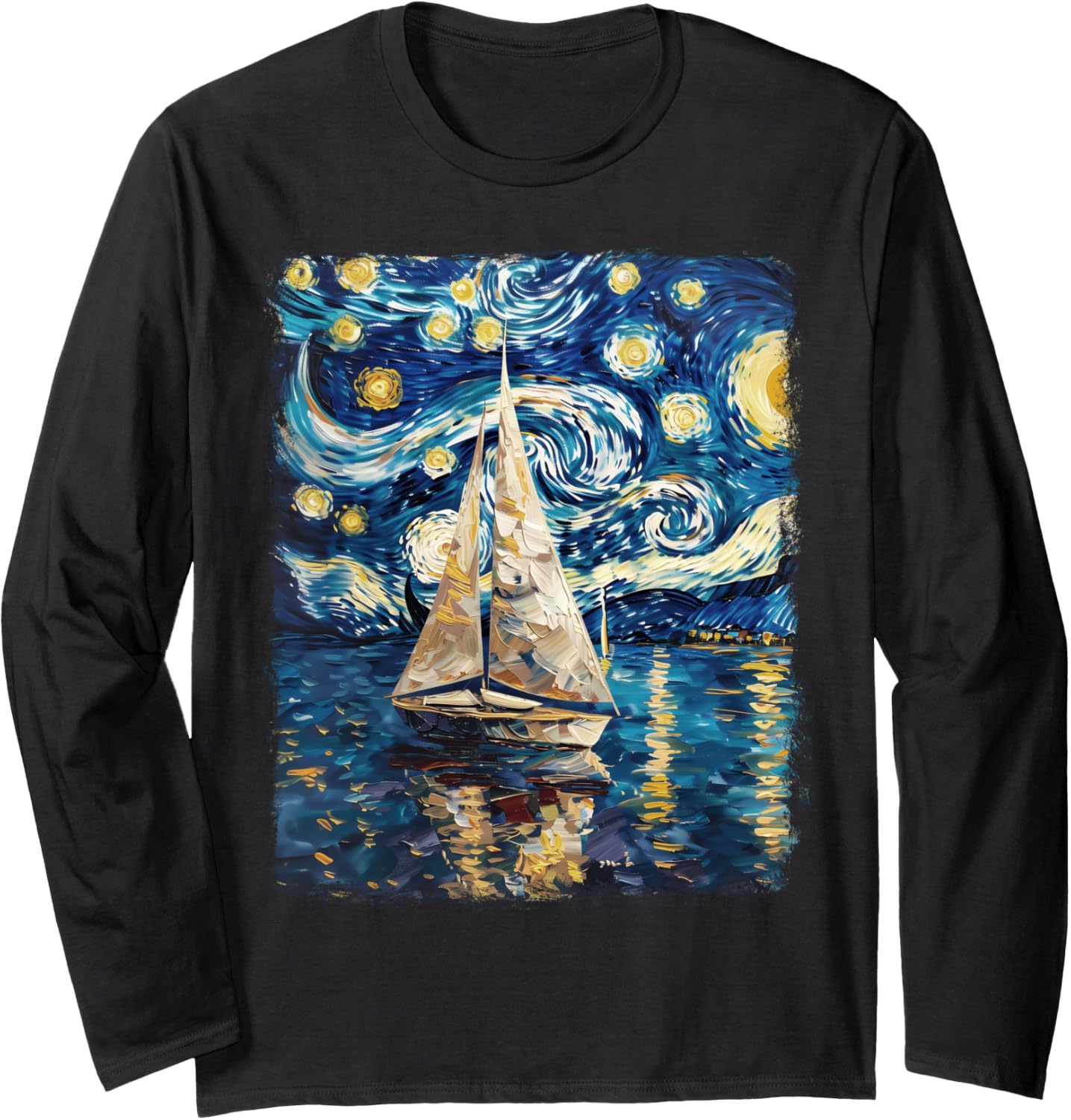 Sailing Boating Sailboat Starry Night Painting Long Sleeve