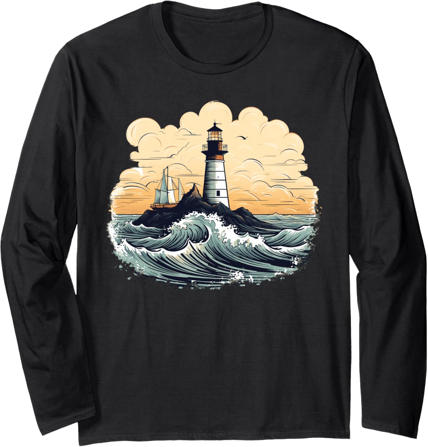 Lighthouse Sea Waves Nautical Seaside Boating Long Sleeve
