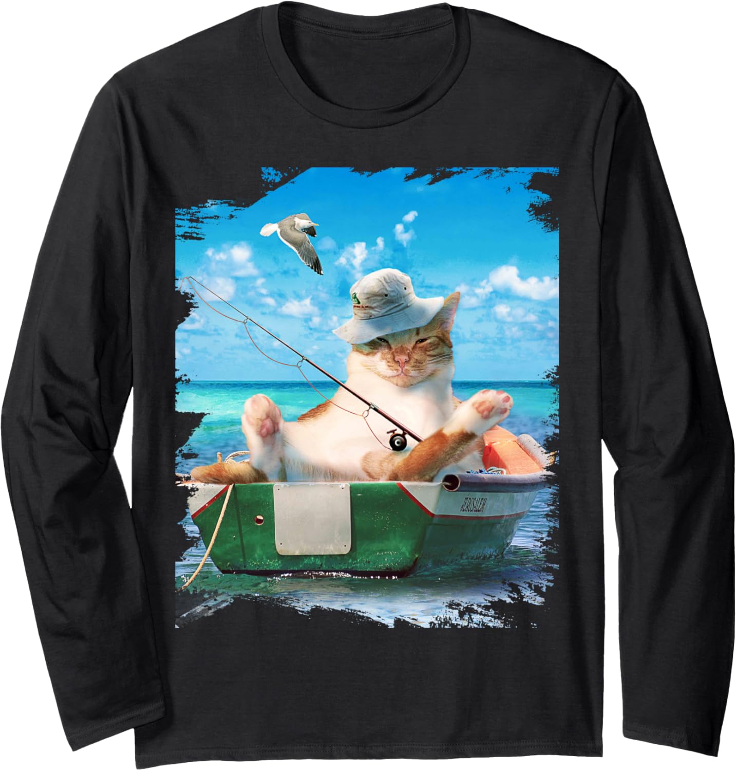 Cute Cat Fishing On Ocean Boat Long Sleeve