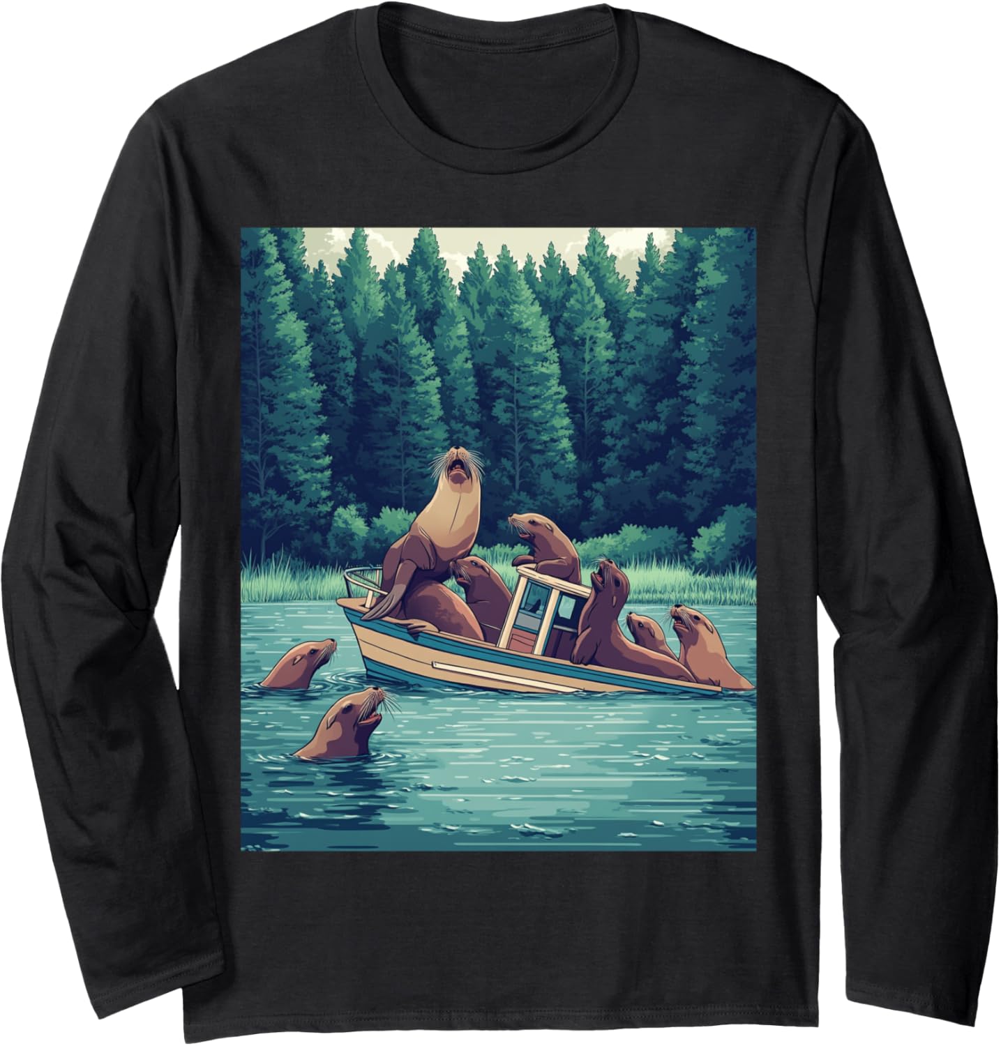 Playful Sea Lions On Boat Adventure Long Sleeve