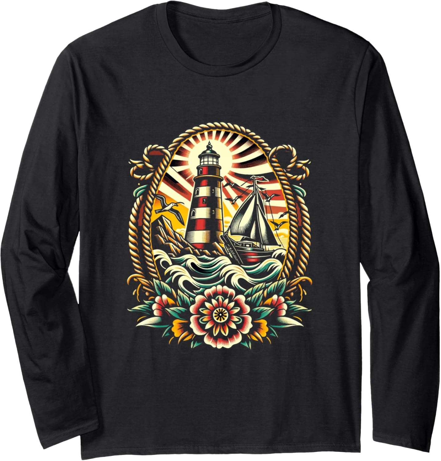 Old School Tattoo Style Lighthouse Sailboat Long Sleeve