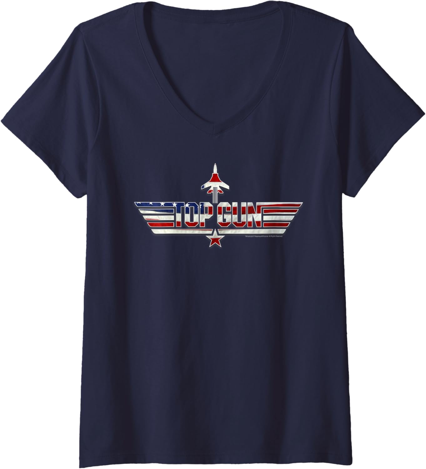 Womens Top Gun American Flag Stars Bars Logo Action Movie V Neck