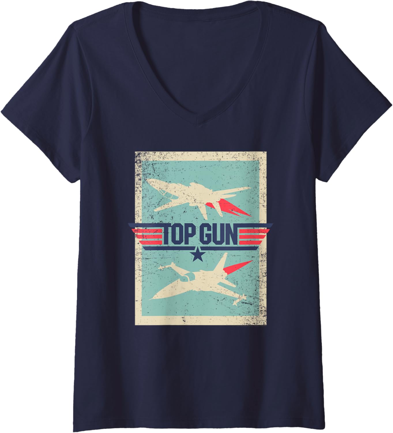 Womens Top Gun Inverted Cutout With Distressing Action Movie V Neck