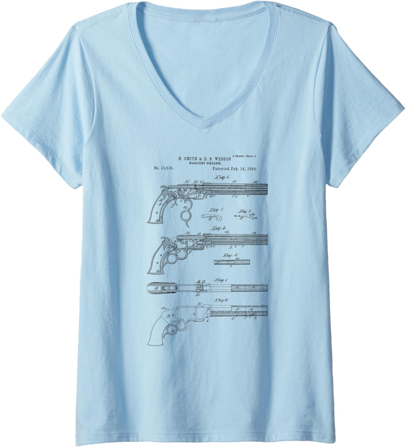 Womens Vintage Patent Print 1854 Old West Six Shooter Gun V Neck