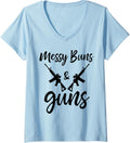 Womens Funny Girl Gun Lover Messy Buns Guns V Neck
