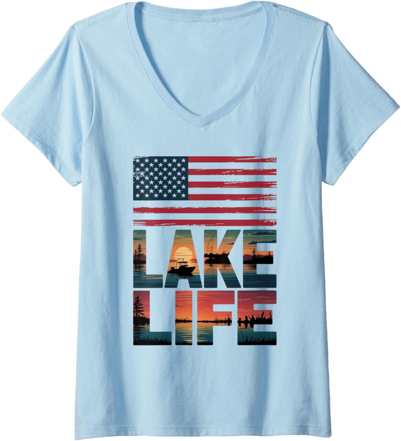 Womens Lake Life Sunset American Flag Bass Fishing