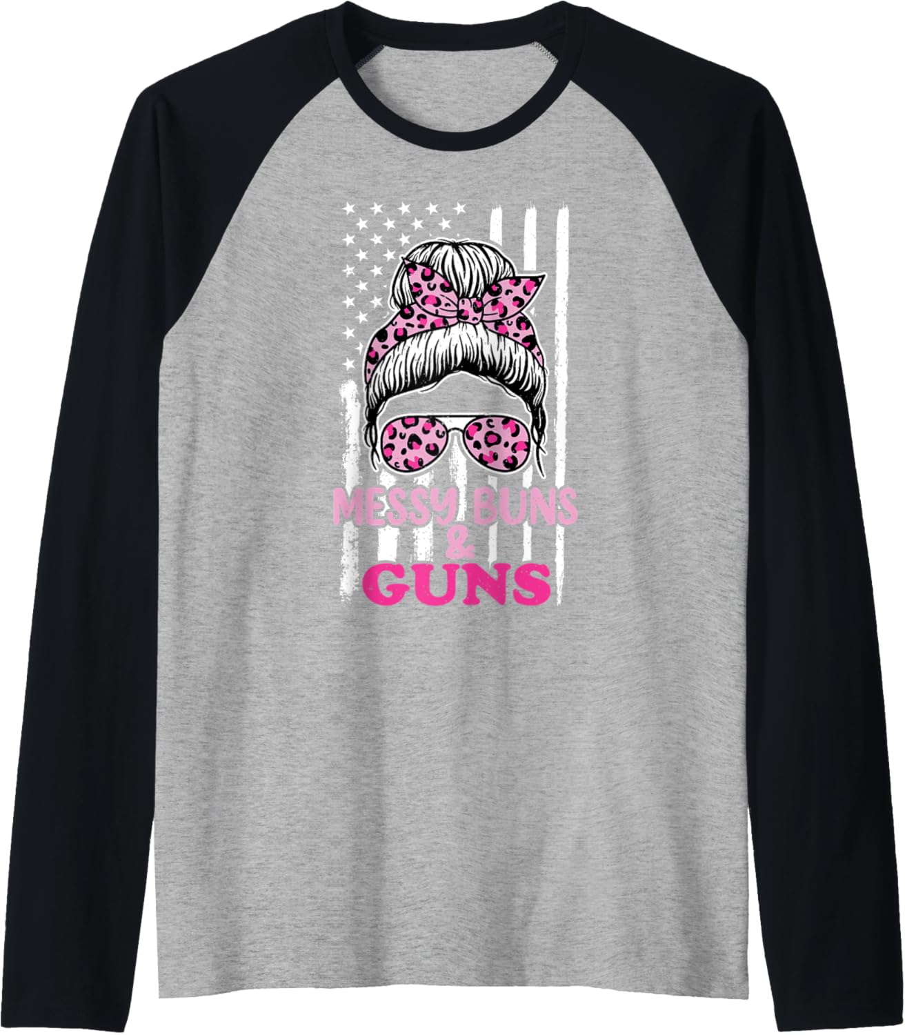Messy Buns Guns Tshirt Women Wife Mom Pink Leopard Raglan Baseball Tee