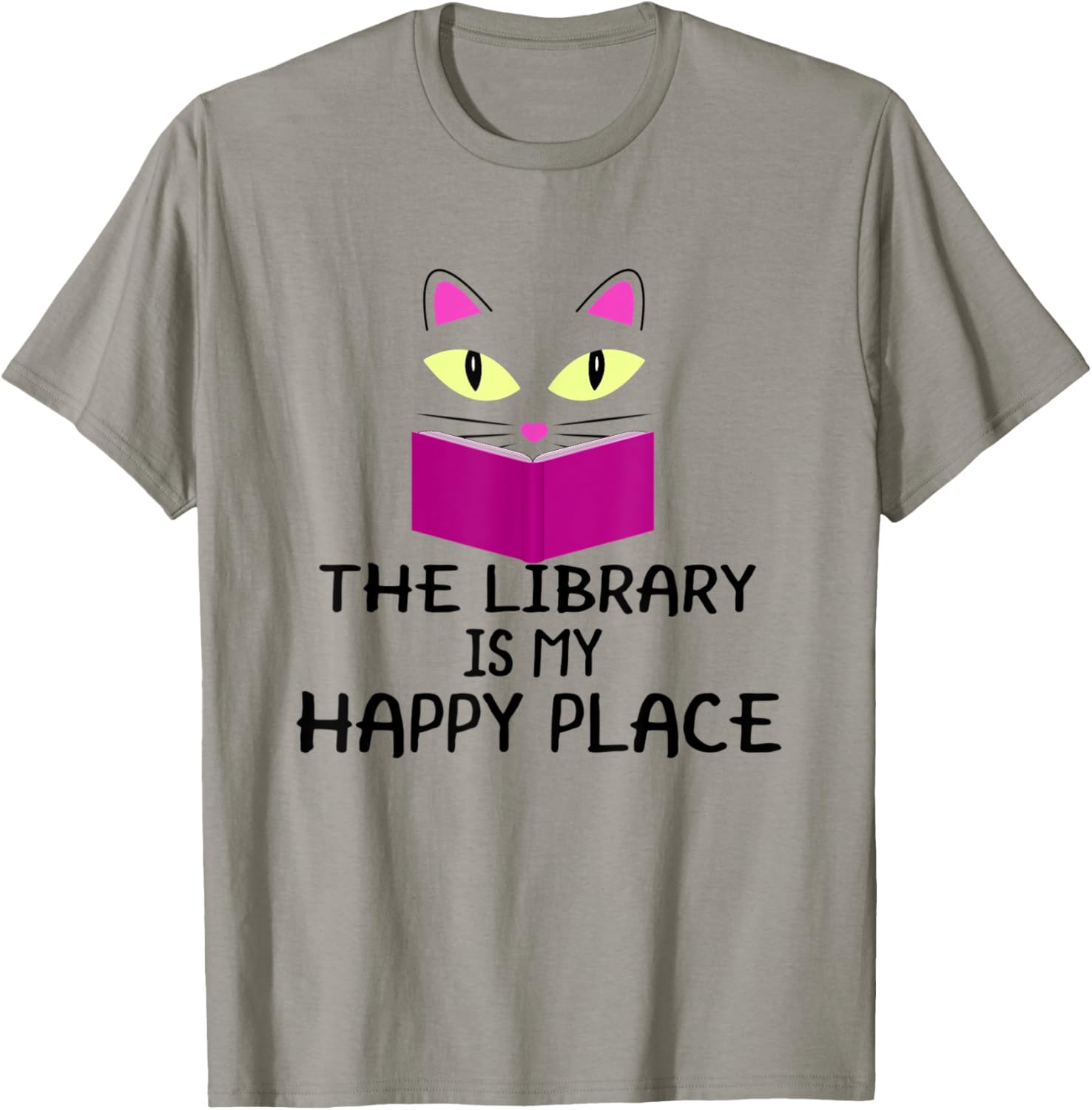 Cute Kitty Cat Face The Library Is My Happy Place T-Shirt for Men Women Kids