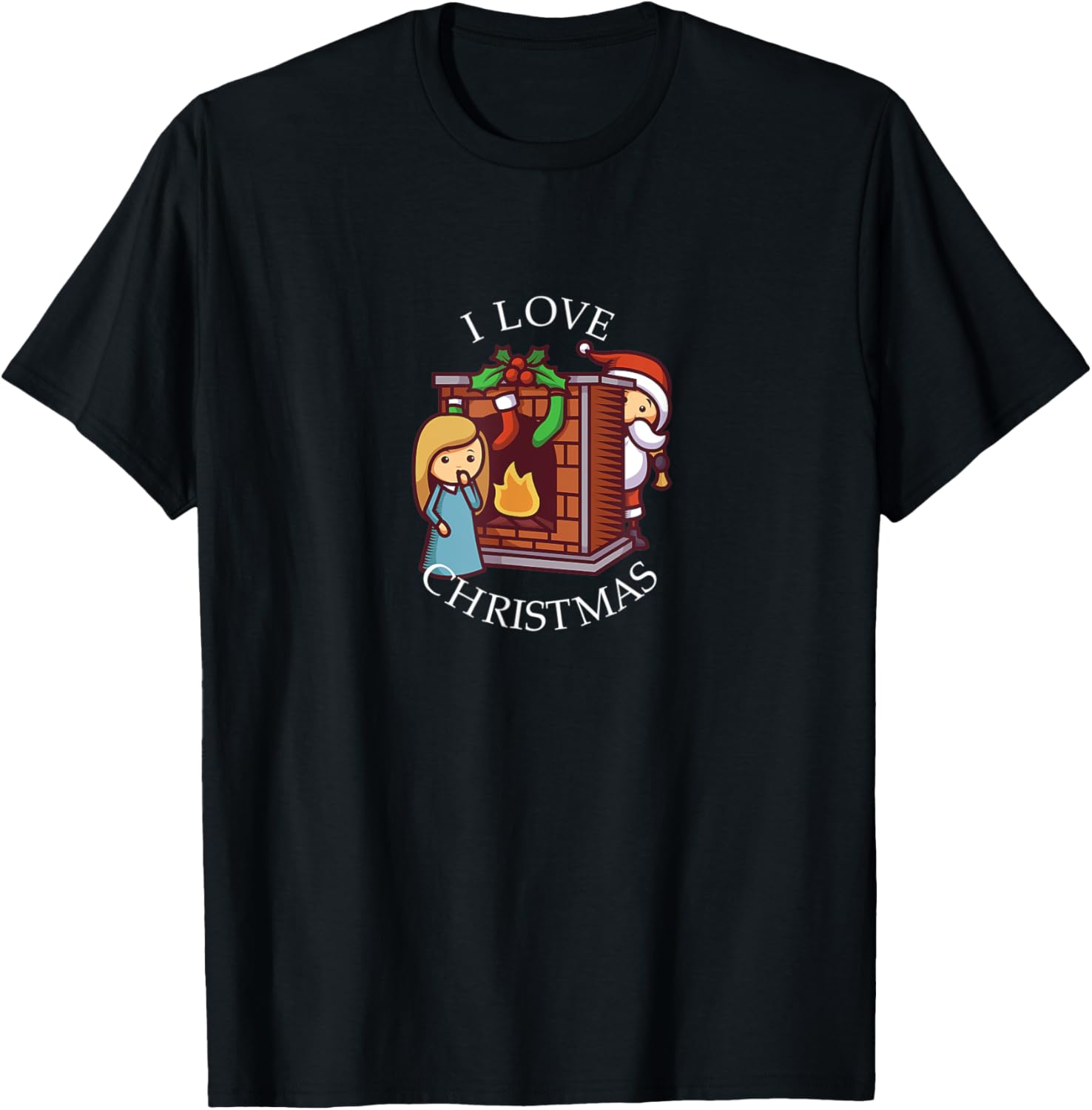 I Love Christmas Girl & Santa Fireplace Holly & Mistletoe
