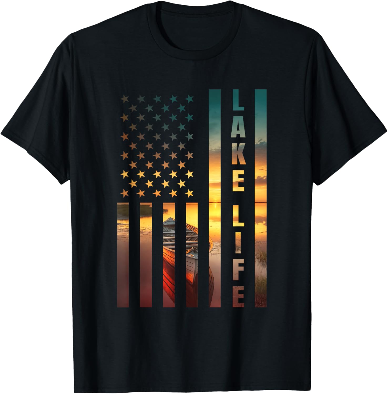 Lake Life Fisherman Sunset American Flag Bass Fishing