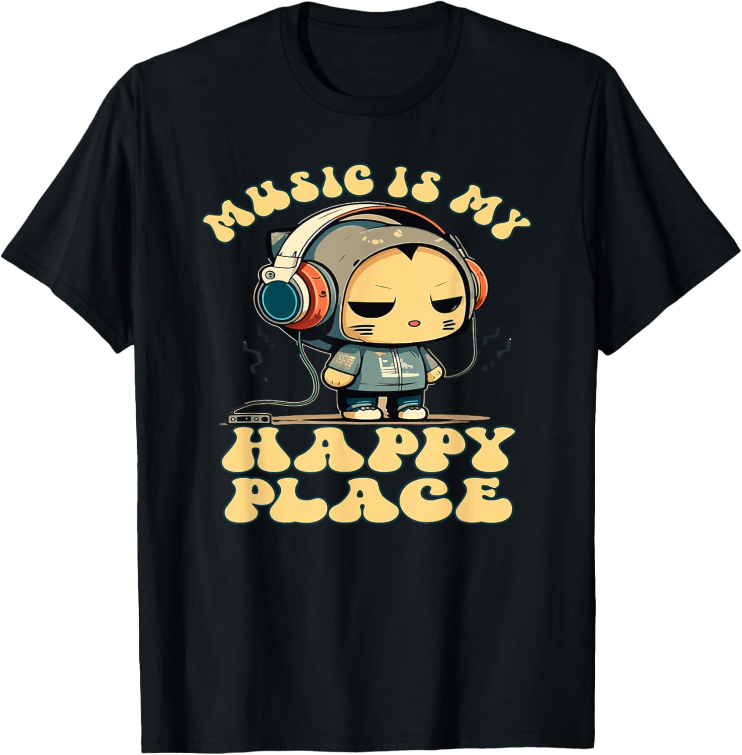 Music Is My Happy Place, Cute Headphone Cat Music Lover T-Shirt for Men Women Girls Kids