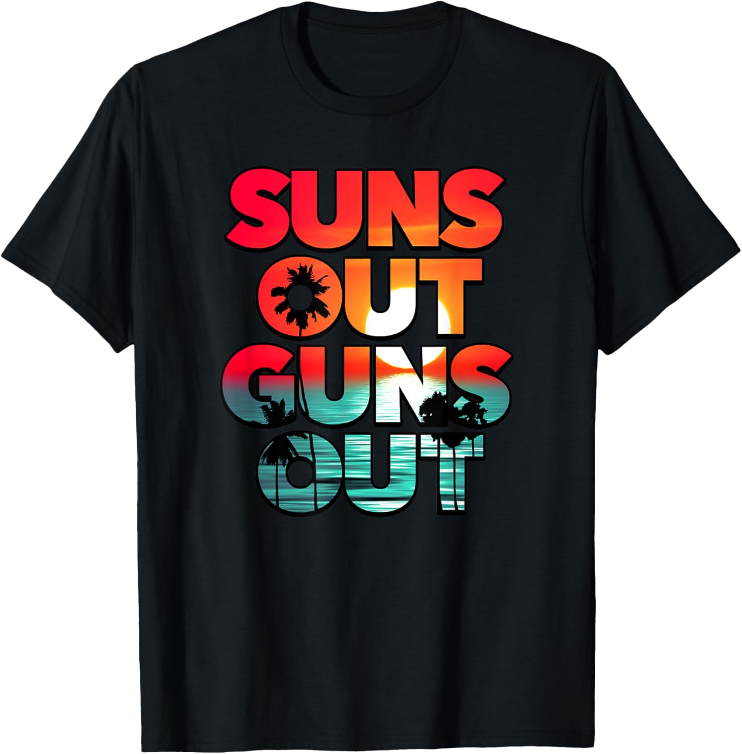 Trendy Suns Out Guns Out Beach Scene T Shirt Men Women Girls