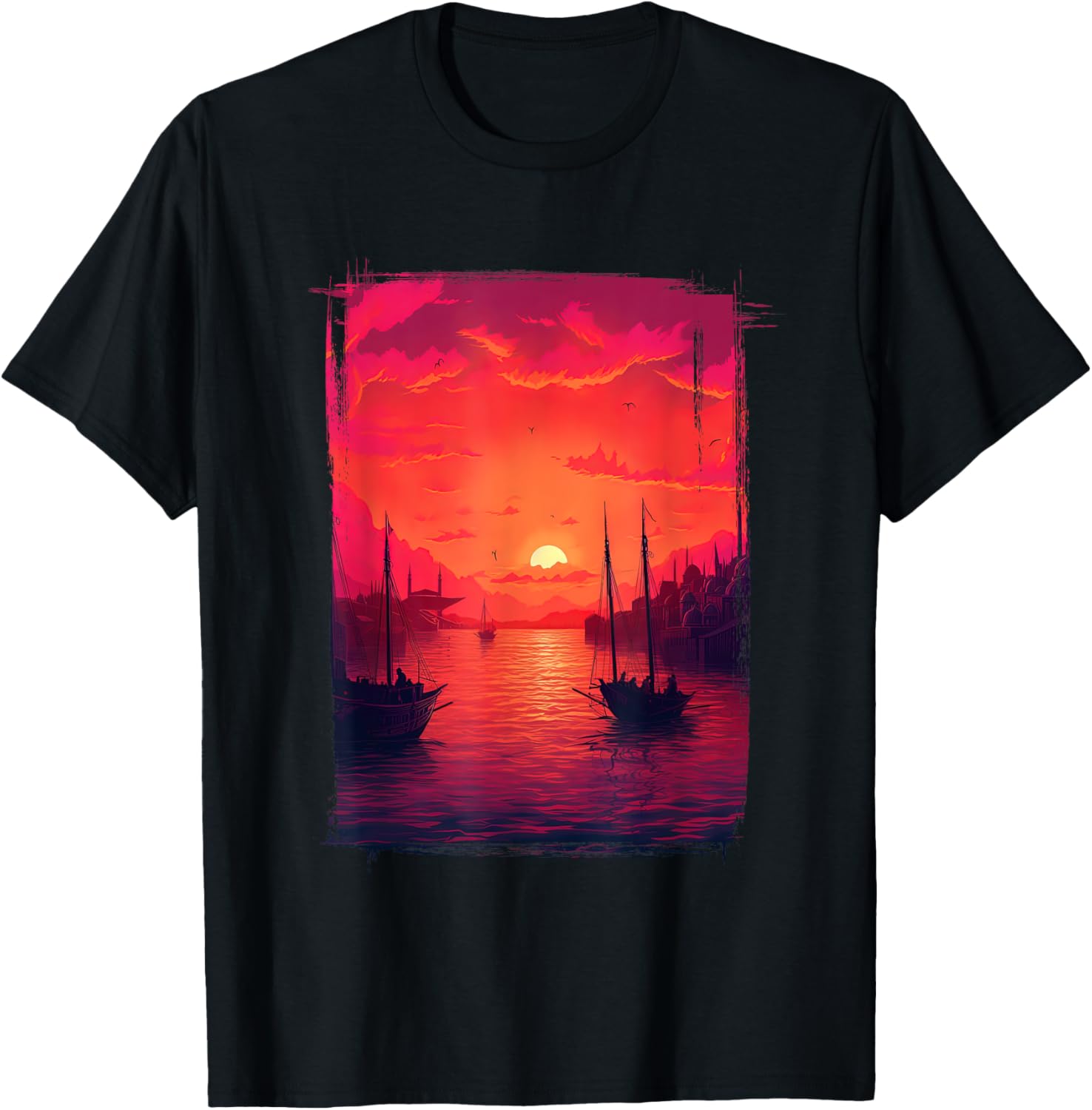 Retro Istanbul Sunset Ocean Boats