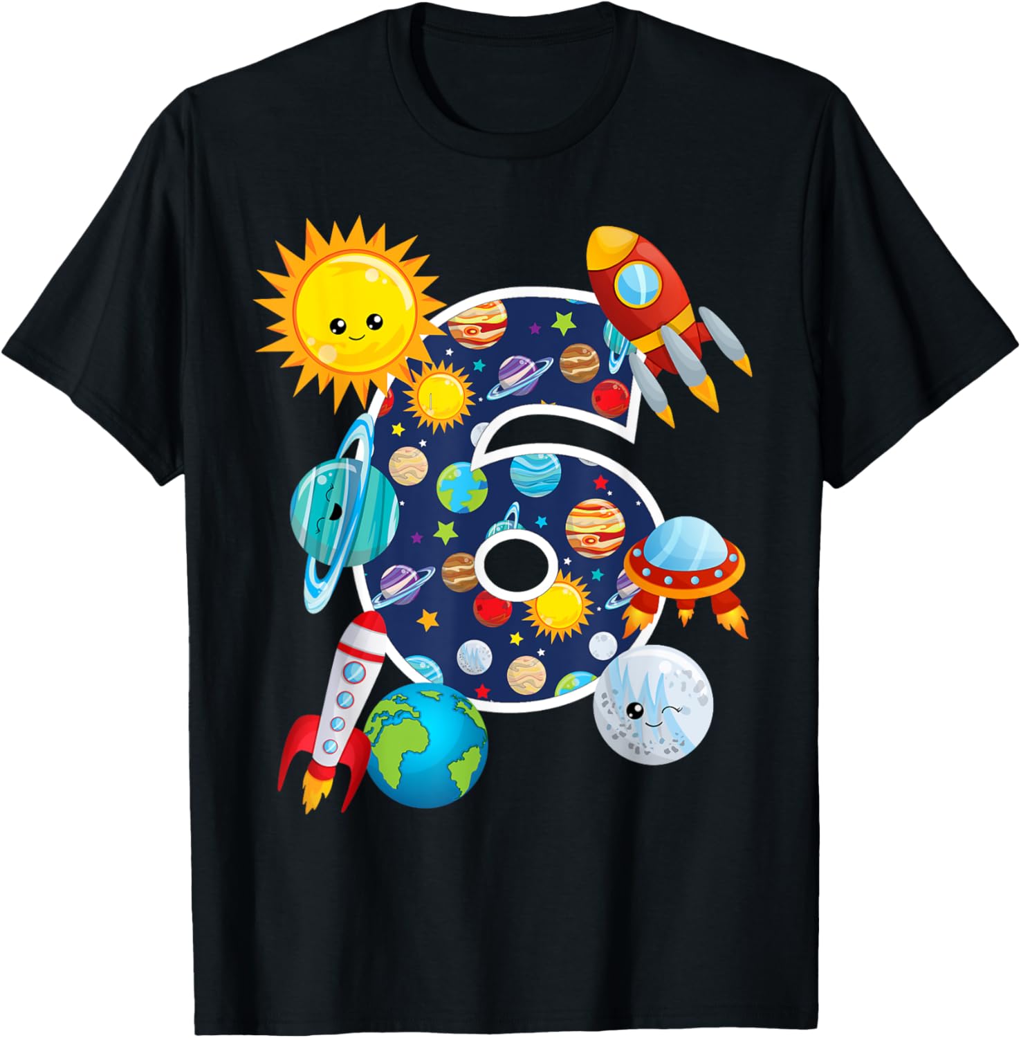 Outer Space 6 Year Old 6th Birthday Party T-Shirt Boys Girls