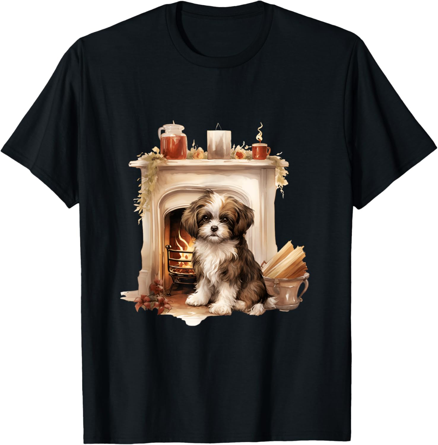 Brown and White Dog Laying in Front of Fireplace T-Shirt for Men Women Kids
