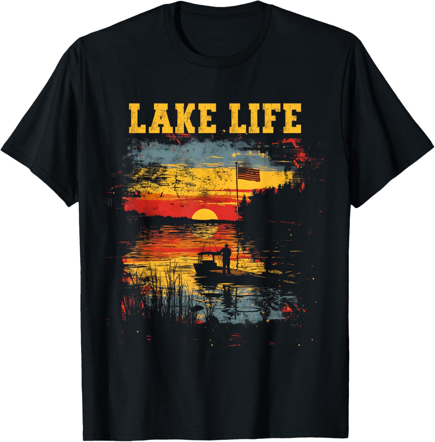 Lake Life Sunset Fisherman American Flag Bass Fishing