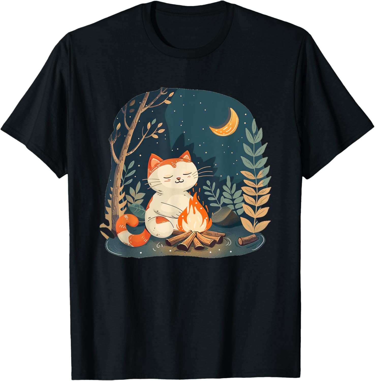 Nice Summer Camp by Night with Fire Place and funny Cat