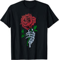 Skeleton Hand Holding Stem Flower Graphic Design Red Rose