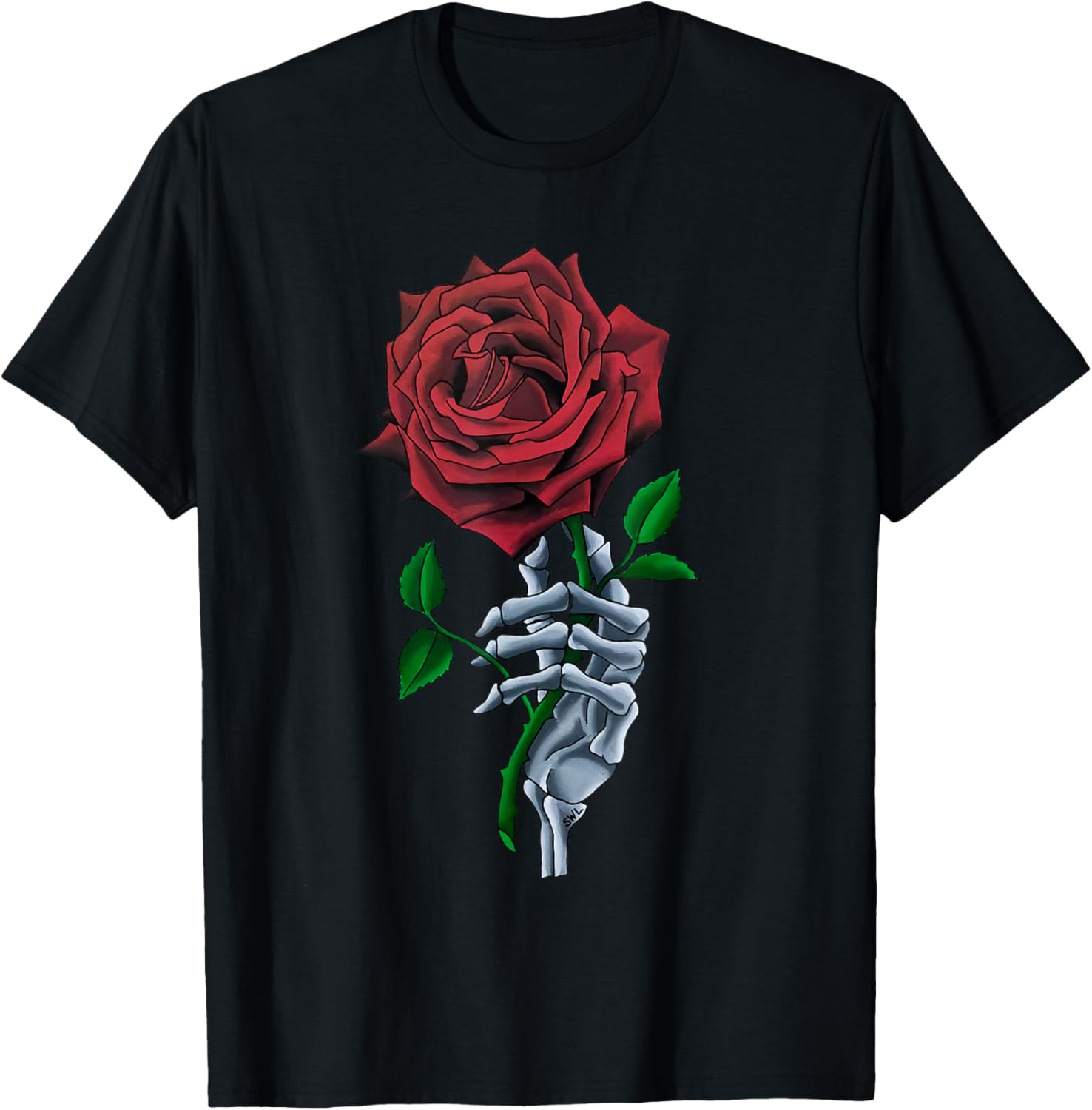 Skeleton Hand Holding Stem Flower Graphic Design Red Rose