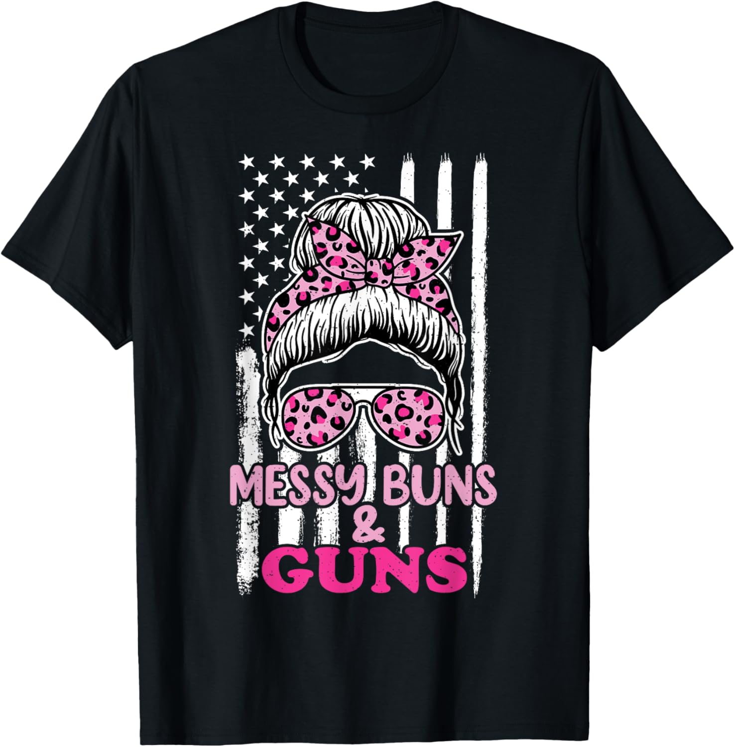 Messy Buns Guns Tshirt Women Wife Mom Pink Leopard
