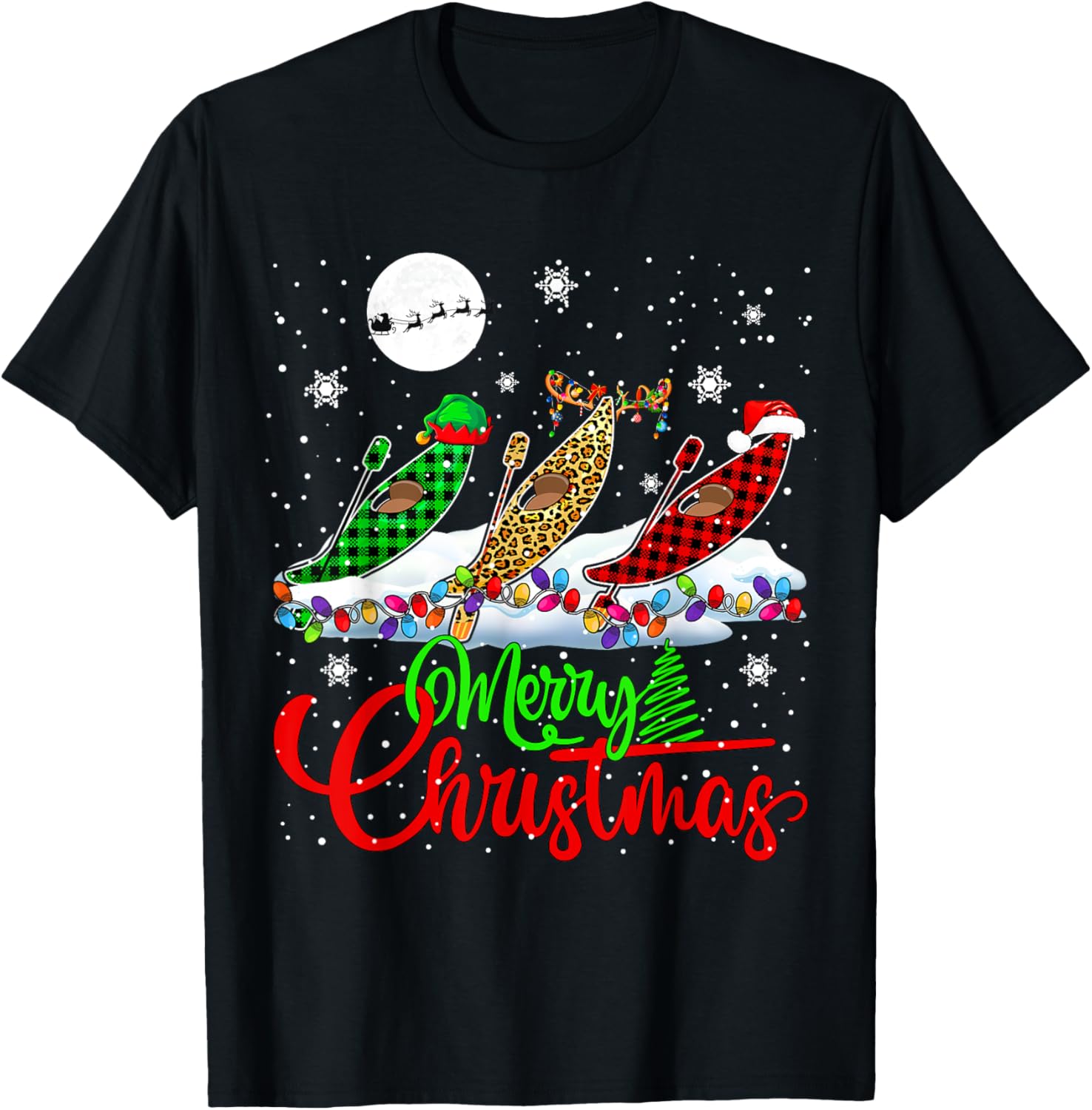 Merry Christmas Three Santa Reindeer Elf Leopard Kayak