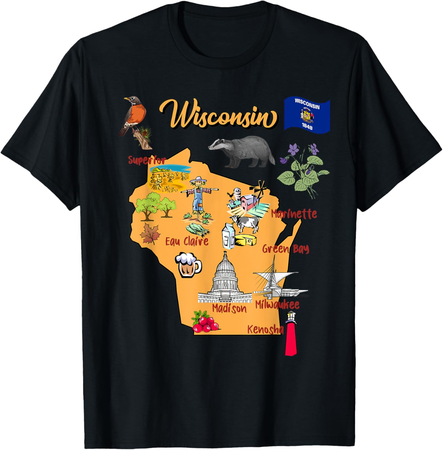Hand Drawn Illustration of Wisconsin Map, Tourist places, US