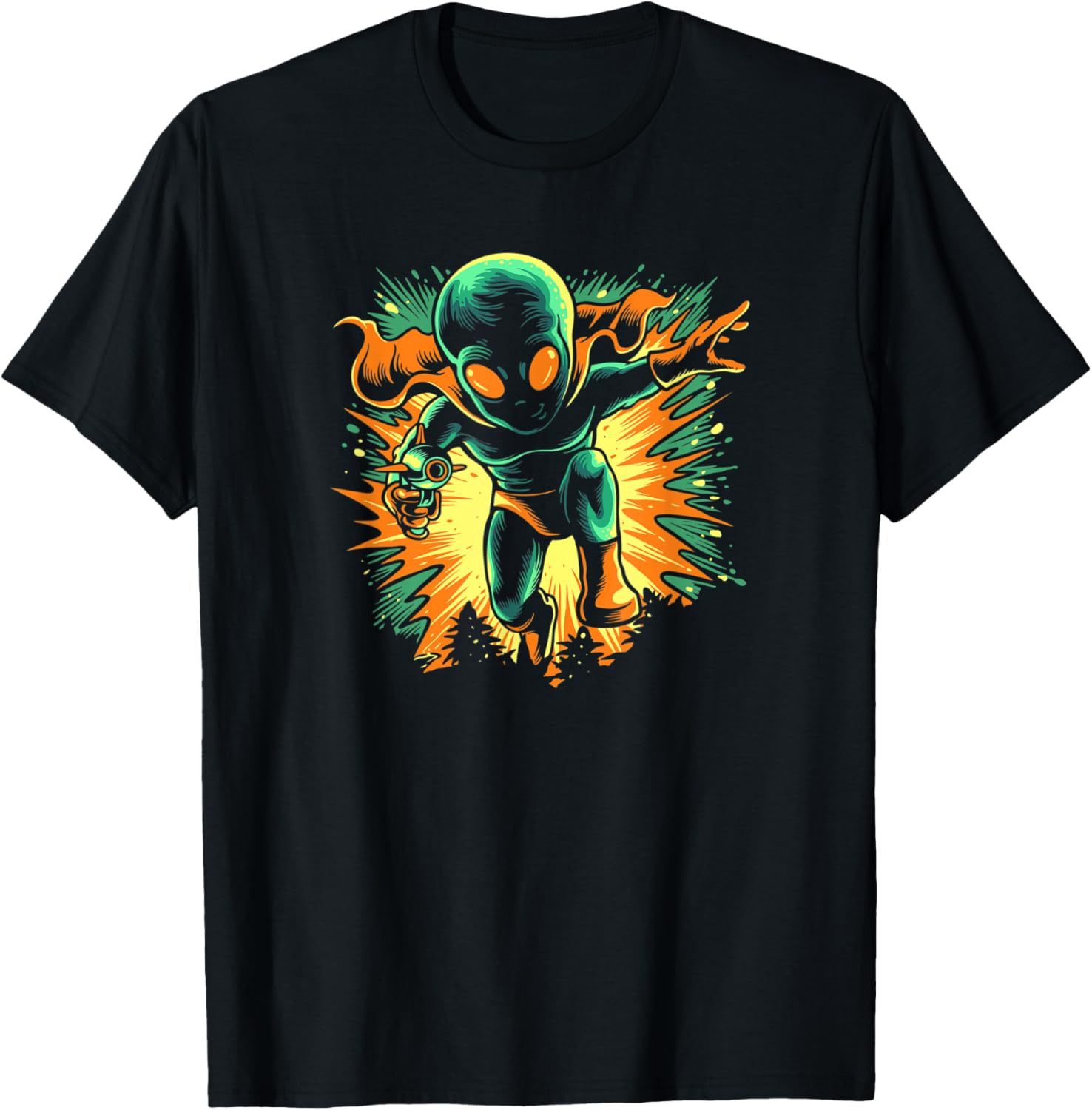 Retro Martian Alien Running With Ray Gun