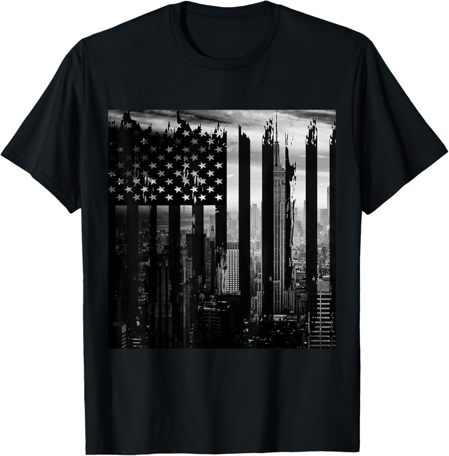 American Flag and NYC Skyline black and white tee shirt T-Shirt for Women Kids Men