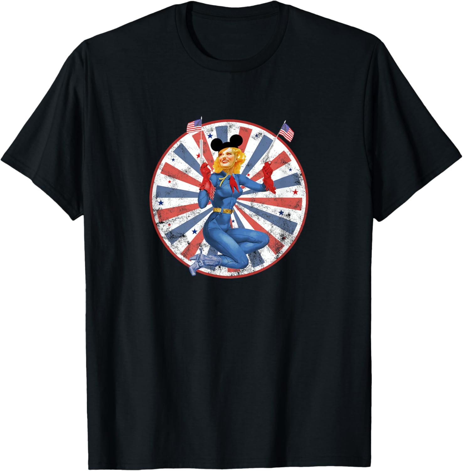 Distressed Retro Pinup Cowgirl American Flag Popping Guns
