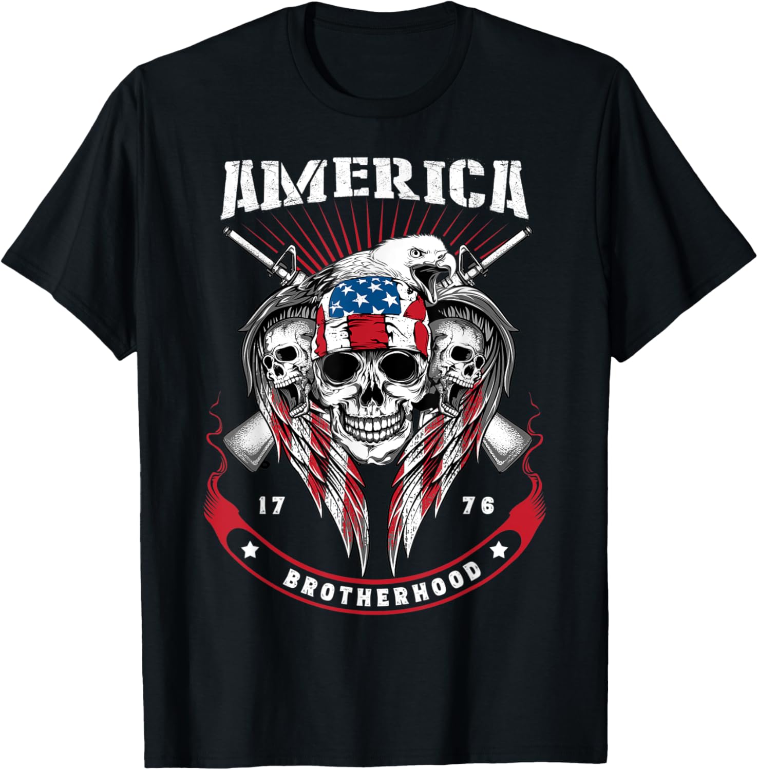 America Brotherhood 1976 Guns Skulls Patriotic T Shirt