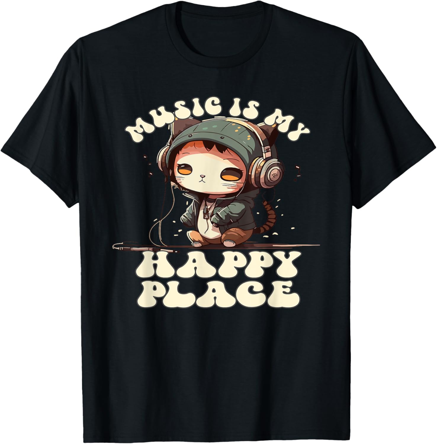 Music Is My Happy Place, Cute Headphone Cat Music Lover Men Women Girls Kids