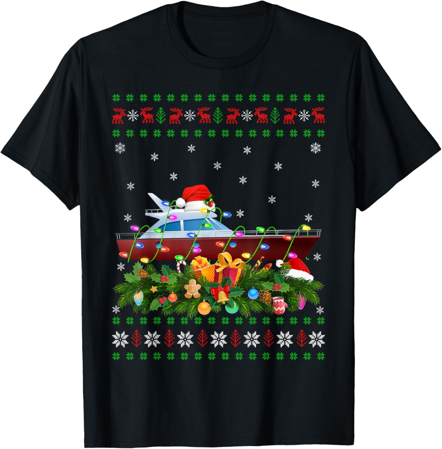 Ugly Xmas Lights Santa Hat Fishing Boat Christmas