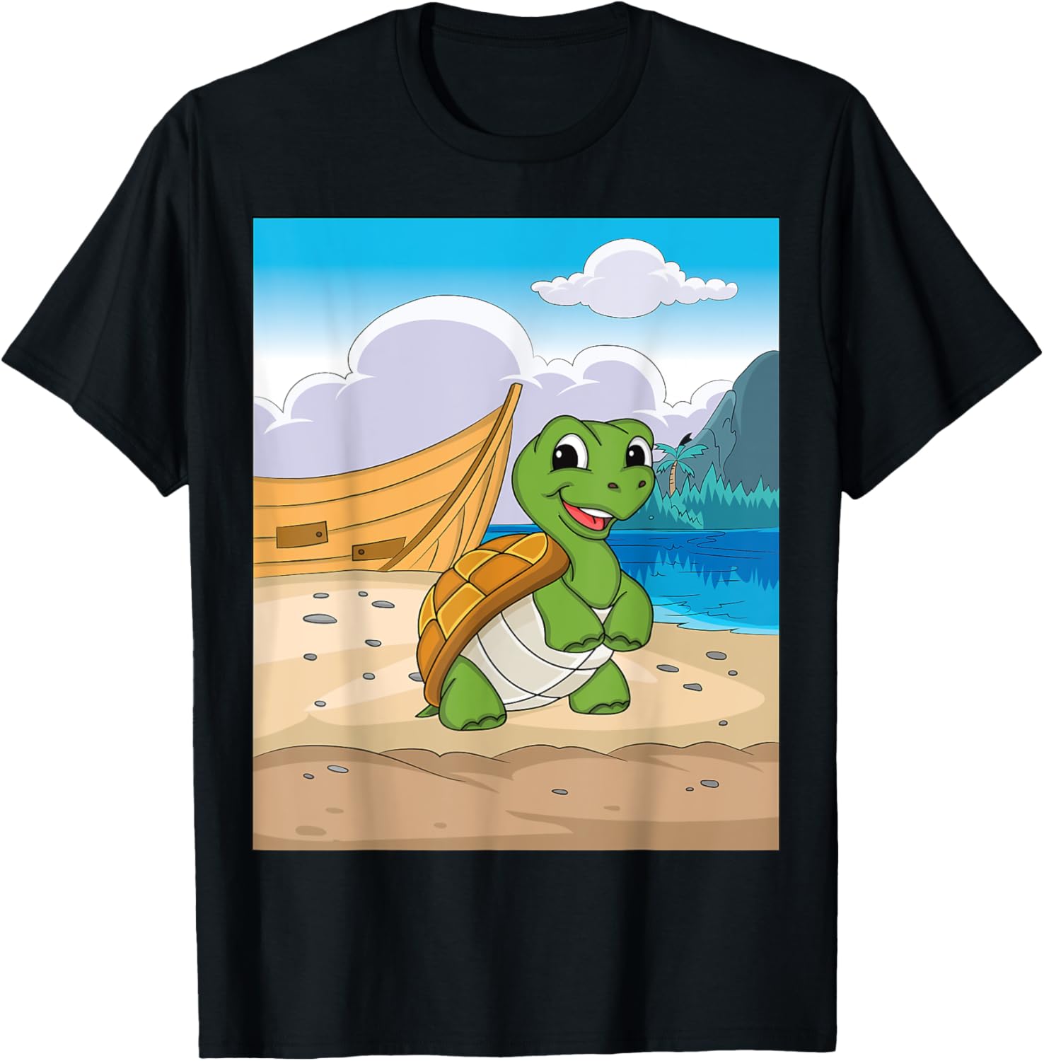 Smiling Green Turtle On Beach A Boat
