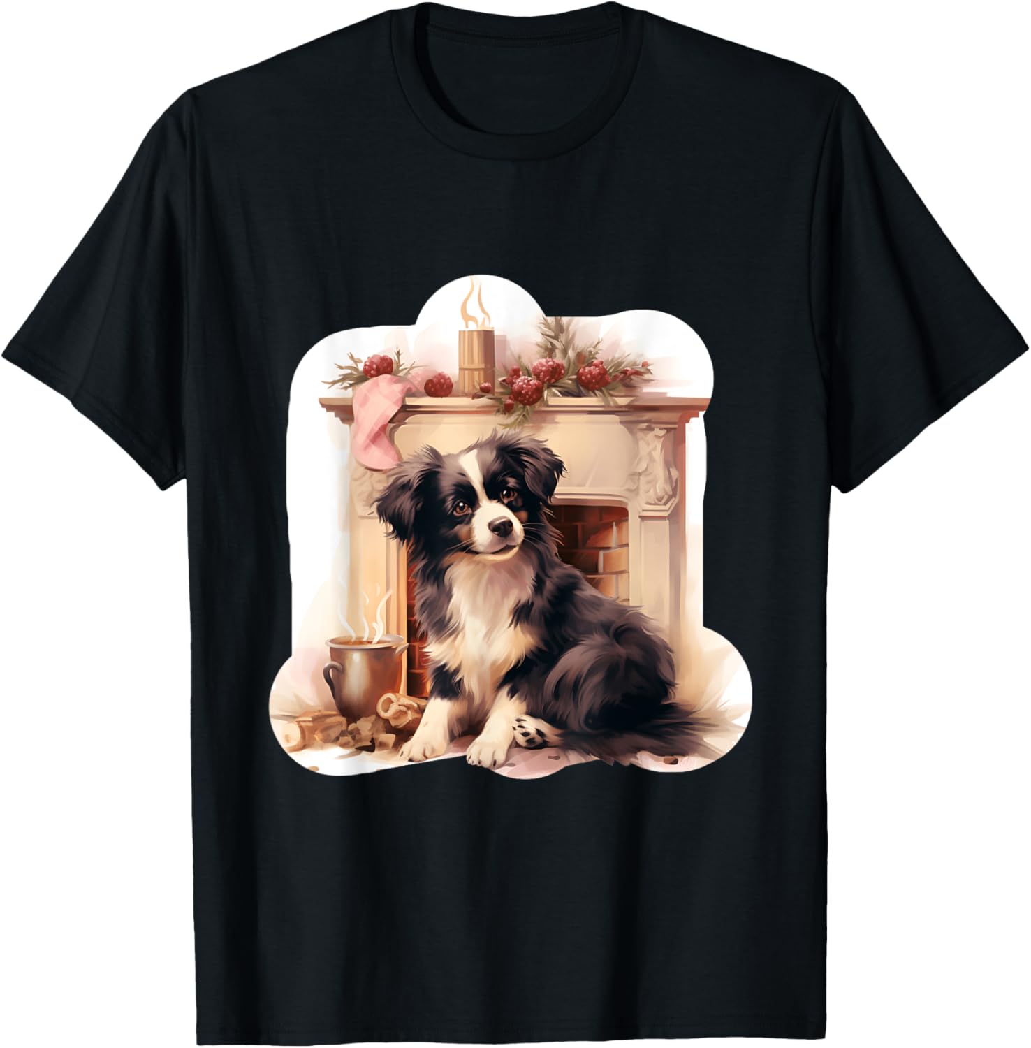 Black and White Dog Laying in Front of Fireplace T-Shirt for Men Women Kids
