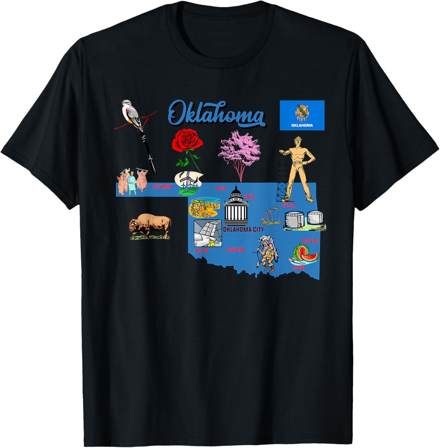 Hand Drawn Illustration of Oklahoma Map,Tourist places, USA