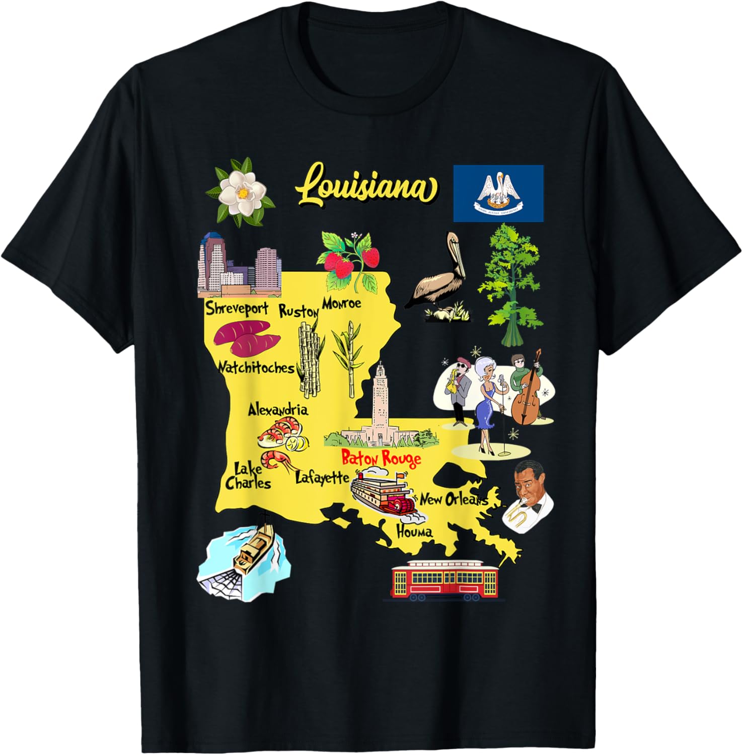 Hand Drawn Illustration of Louisiana Map Tourist places, USA