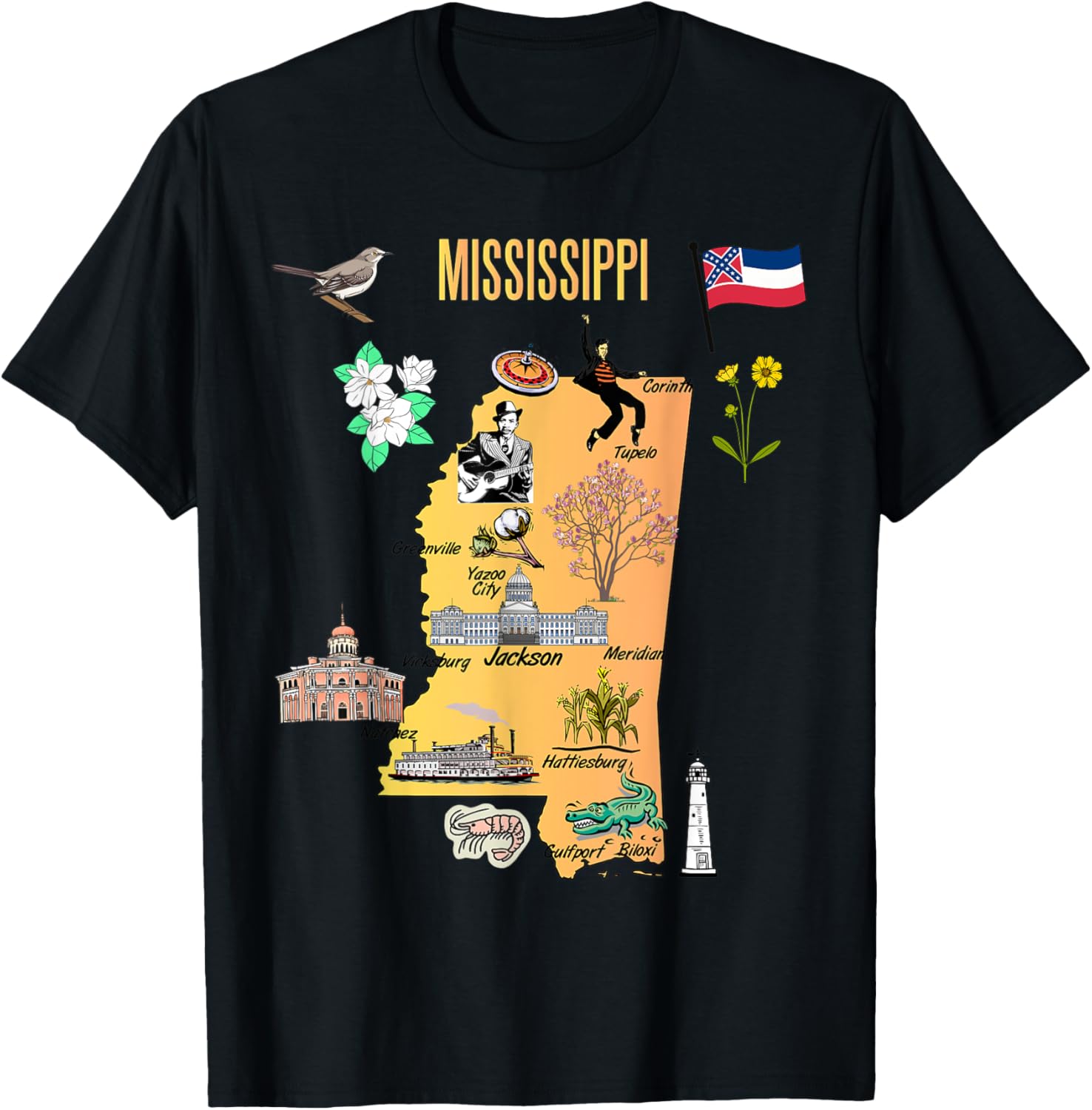 Hand Drawn Illustration of Mississippi Map, Tourist places