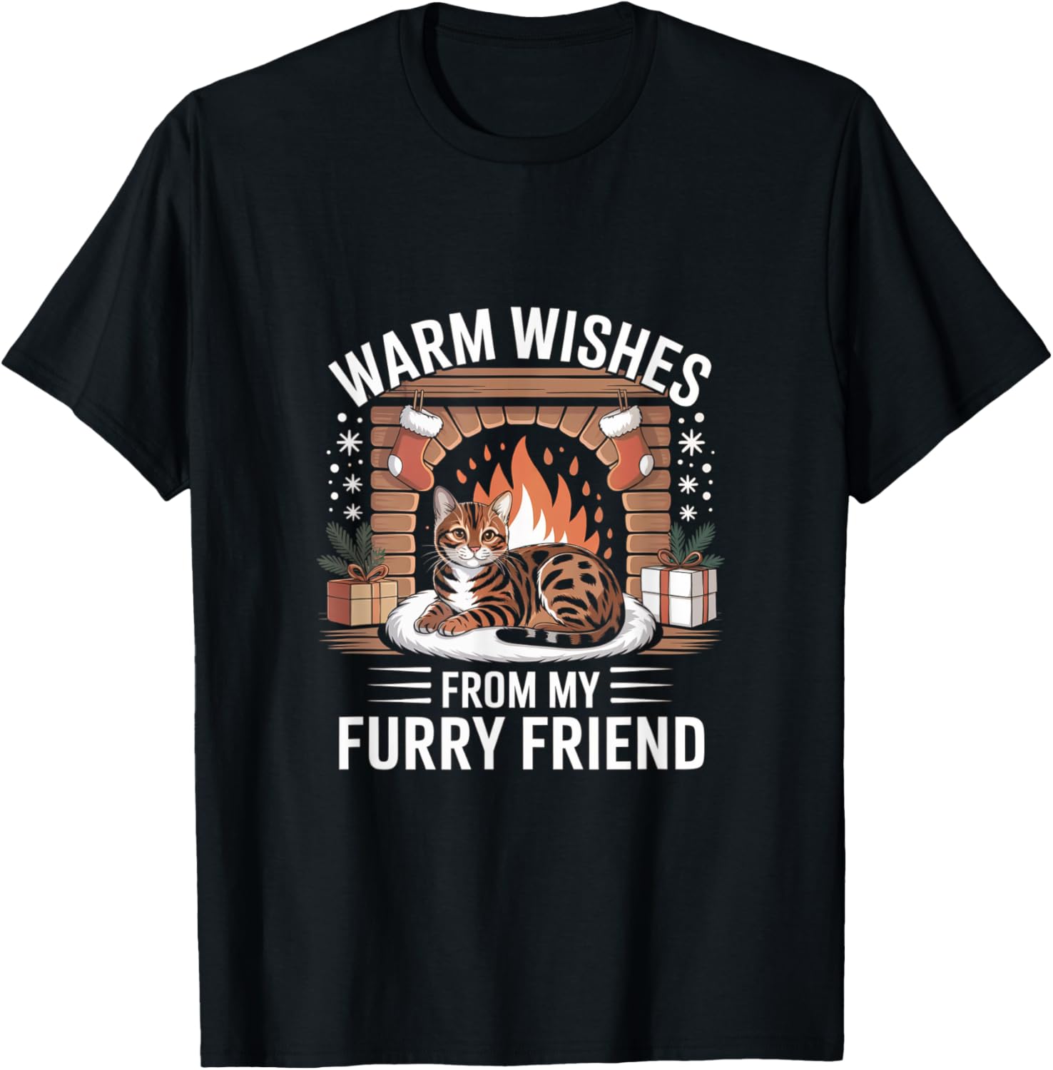 Warm Wishes Bengal Cat Cozy Fireplace Scene for Feline Fans T-Shirt for Men Women Kids