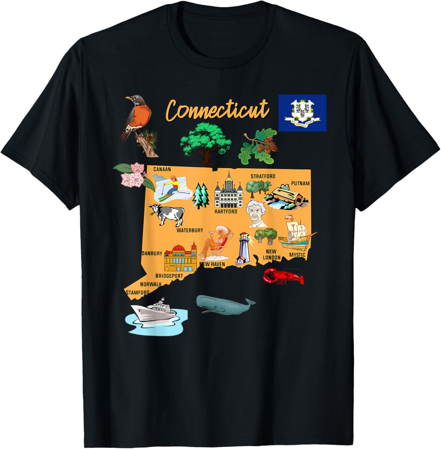 Hand Drawn Illustration of Connecticut Map, Tourist places