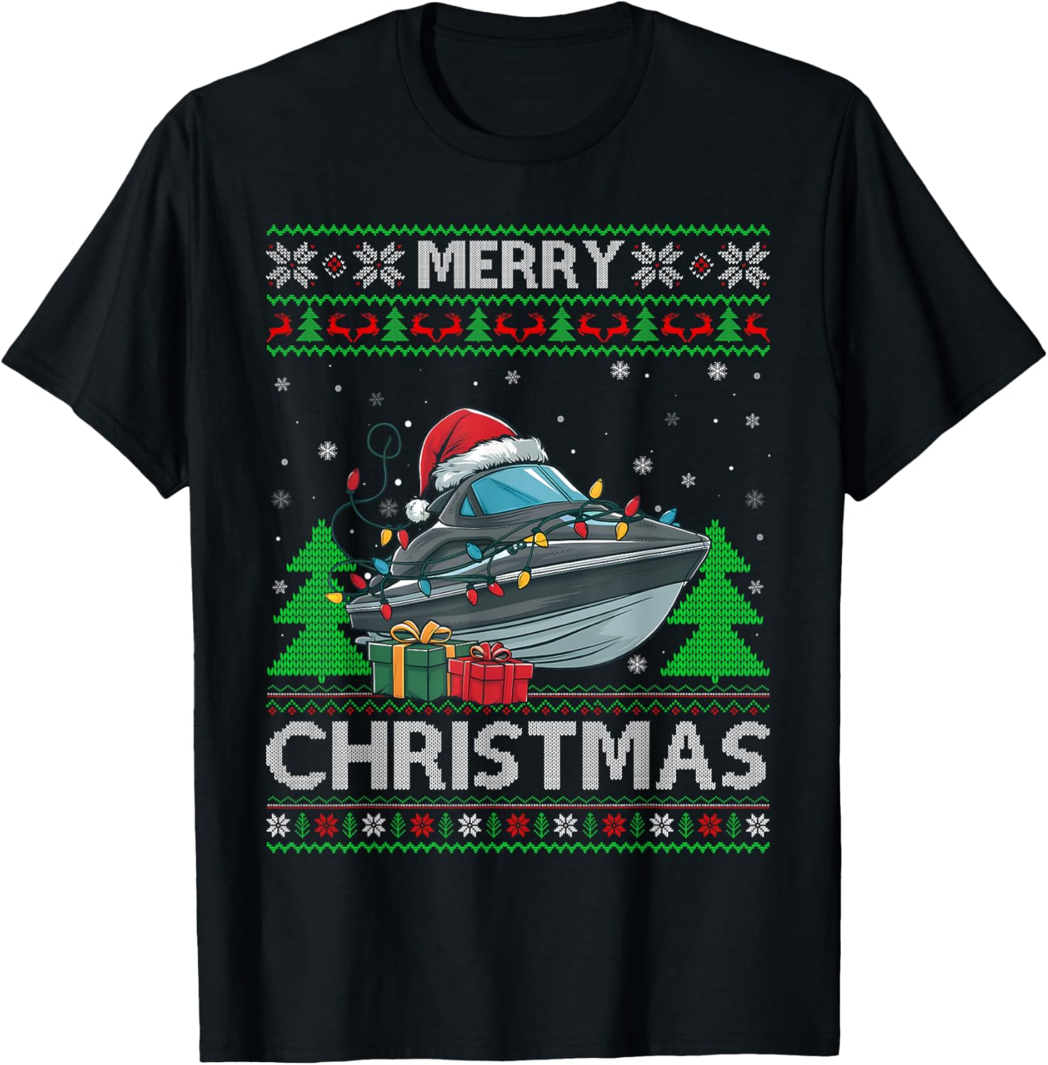 Ugly Xmas Sweater Style Lights Santa Jet Boat