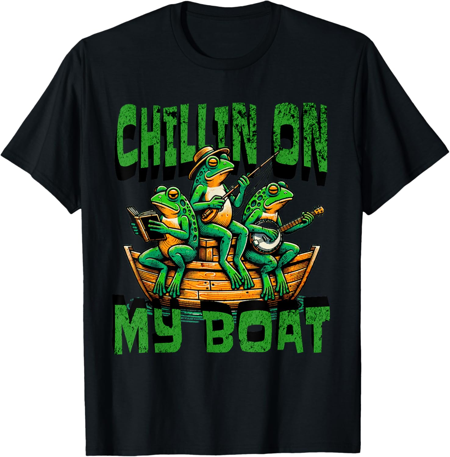 Funny Green Frogs Paying Banjo Fishing Reading On