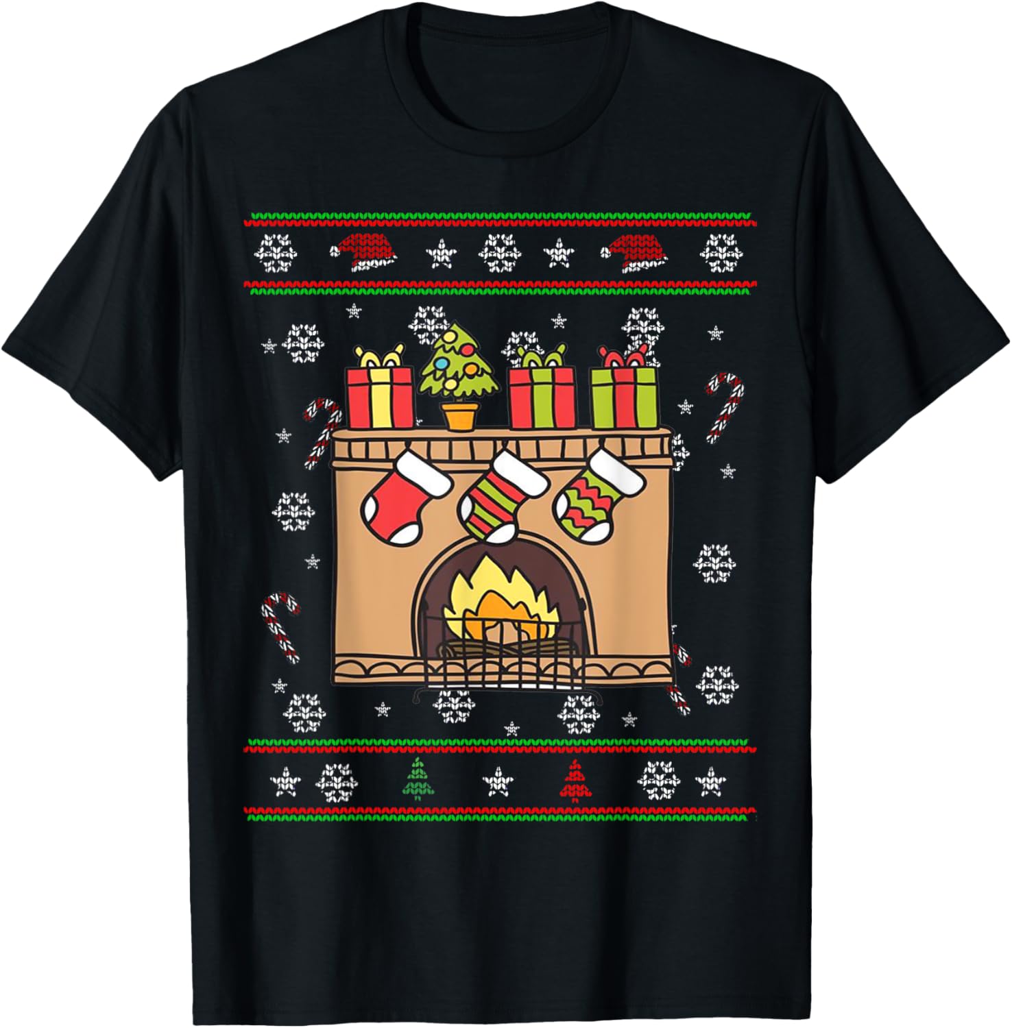 CUTE Ugly Christmas Sweater Fireplace + Stockings Shirt