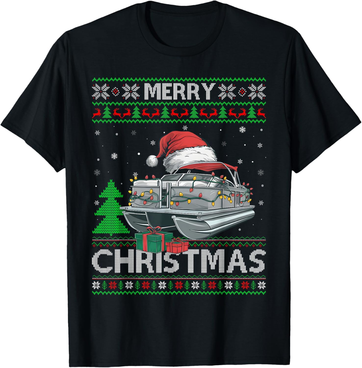 Ugly Xmas Sweater Style Lights Santa Pontoon Boat