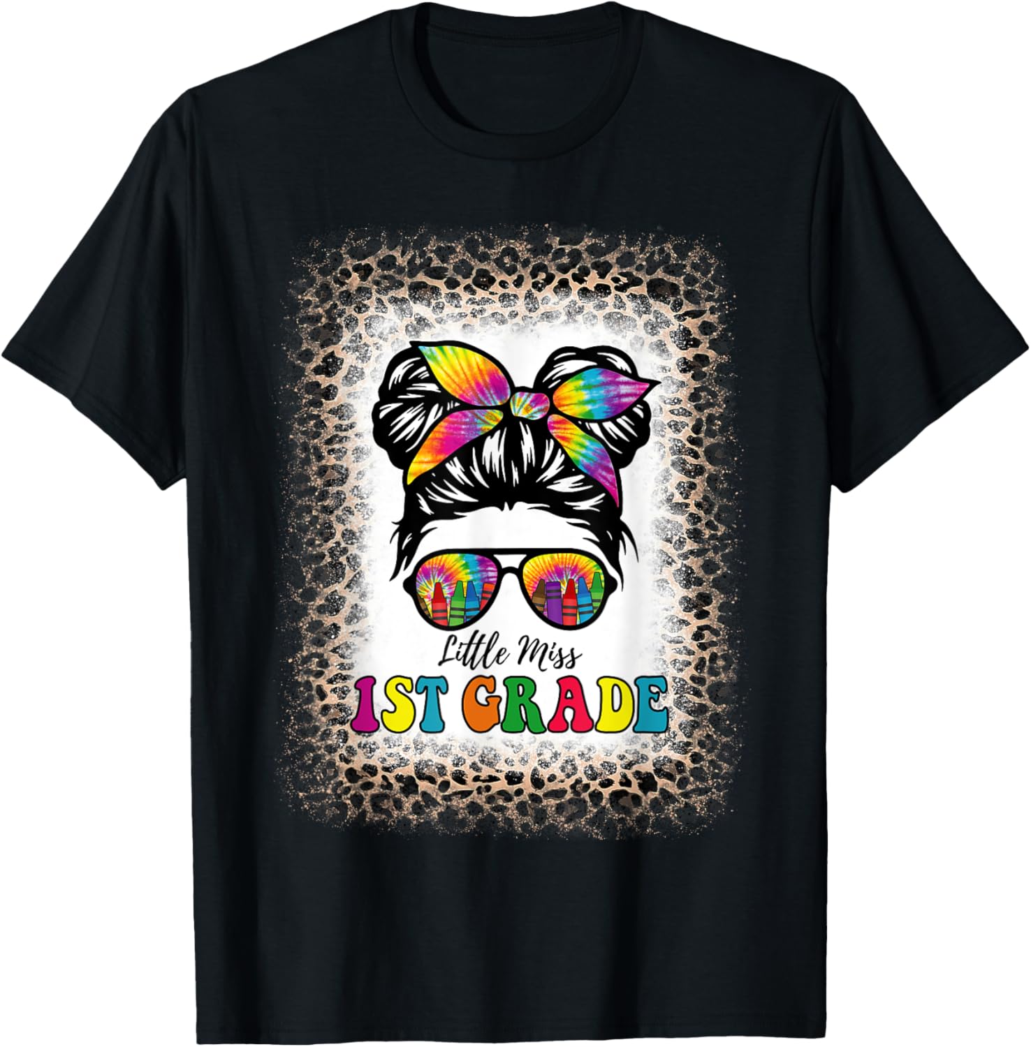 Little Miss 1st Grade Tie Dye Messy Bun Girl School Leopard