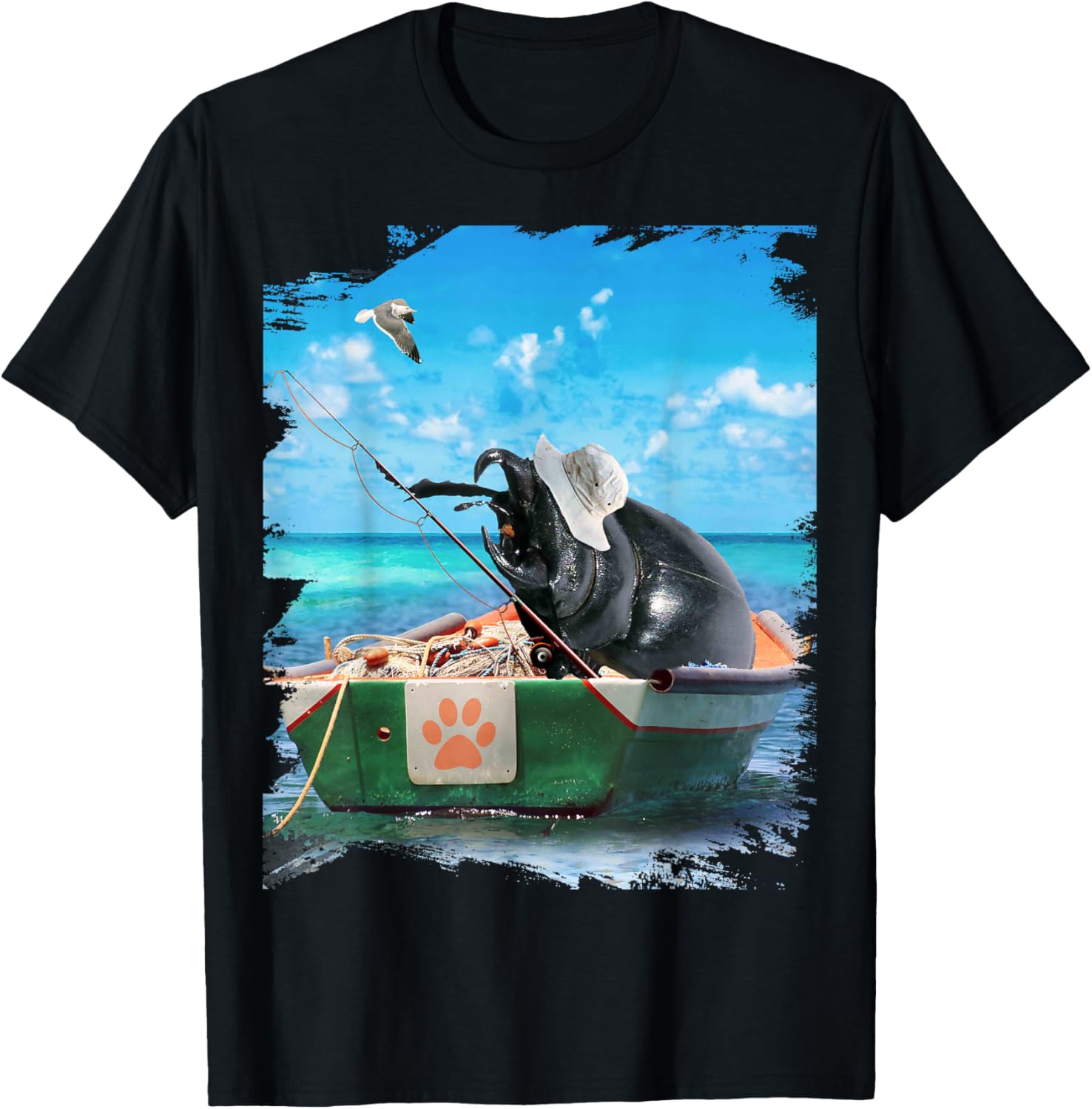 Rhinoceros Stag Beetle Fishing Lover In Sea Boat