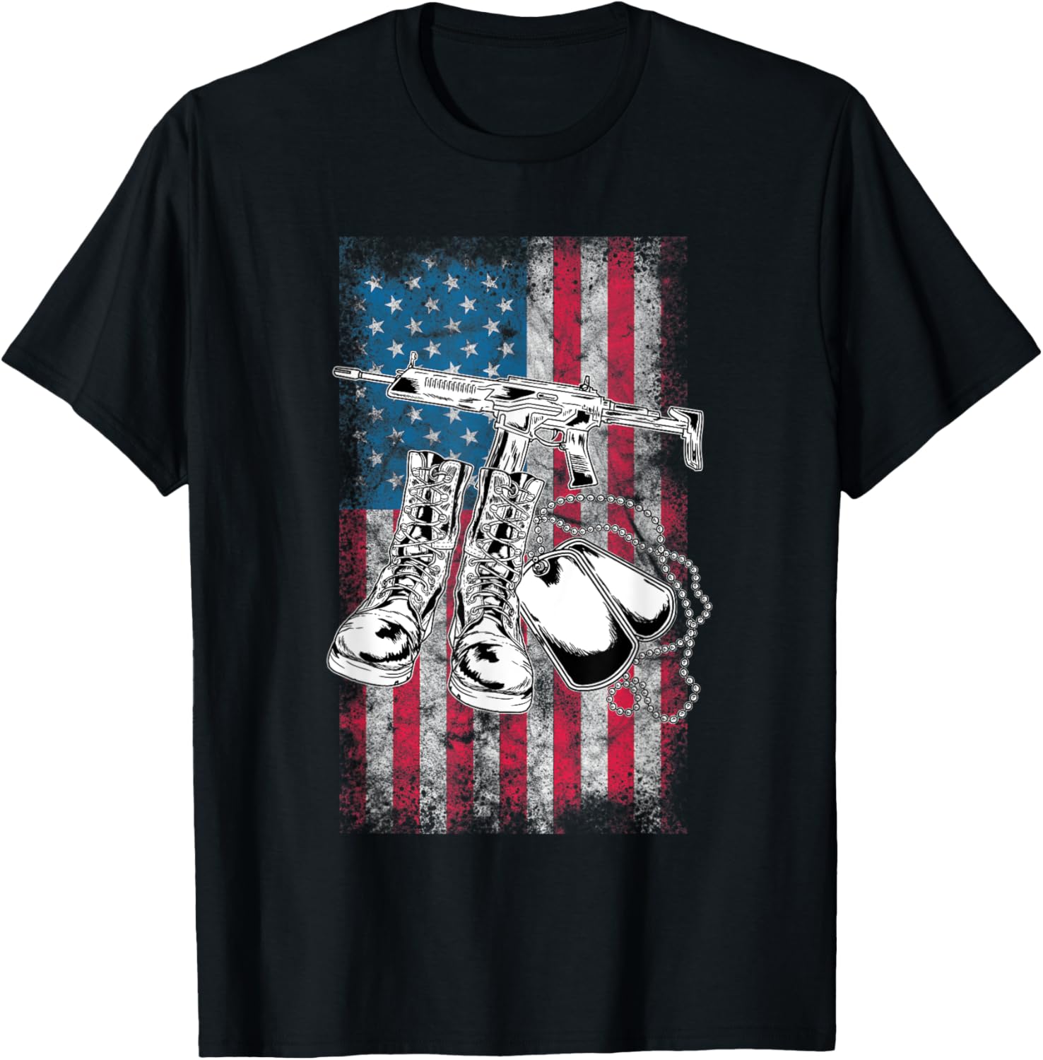 Military Boots Dog Tag Gun American Flag