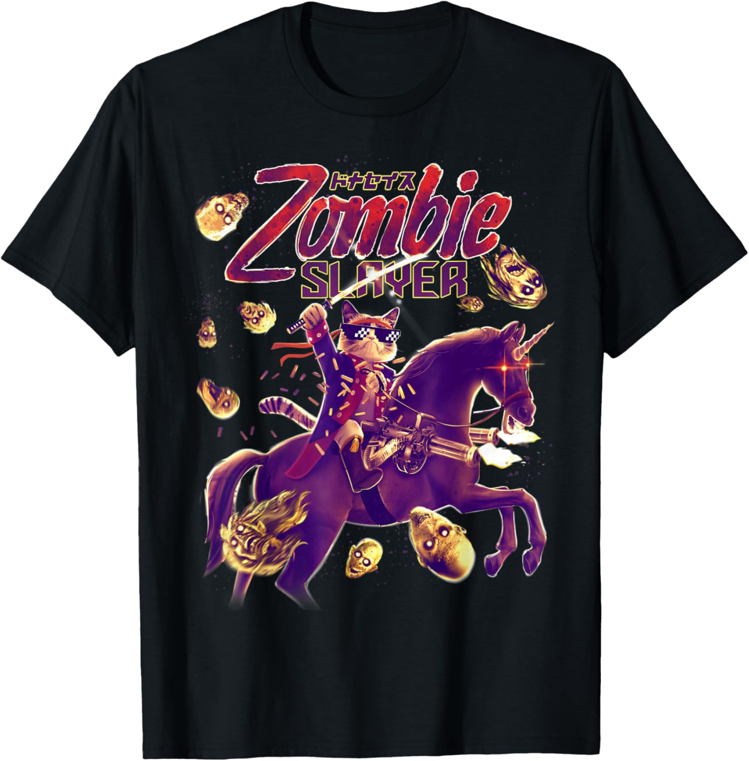 Zombie Slayer Cat Riding A Unicorn Horse With Machine Guns Men Women